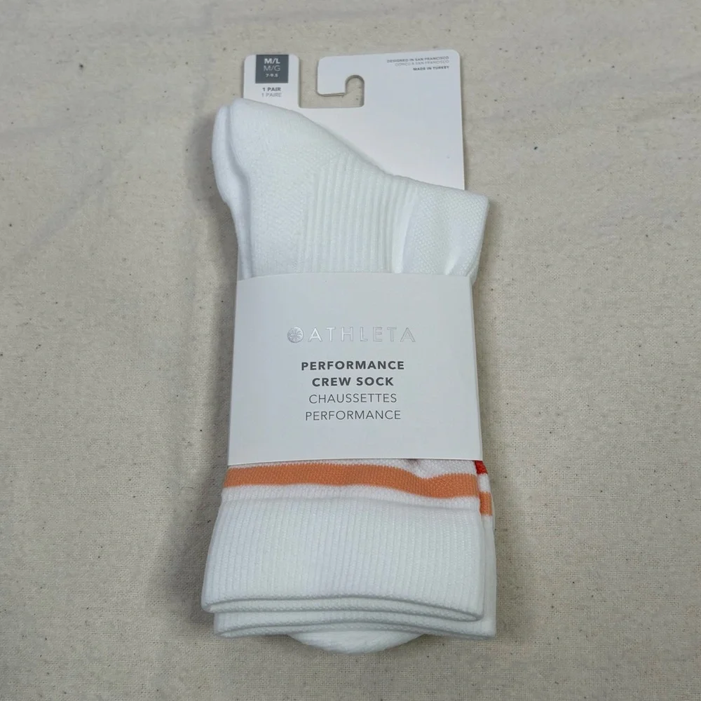 NWT Athleta High Performance Crew Sock Socks Orange Haze/Bright‎ White Med/Large